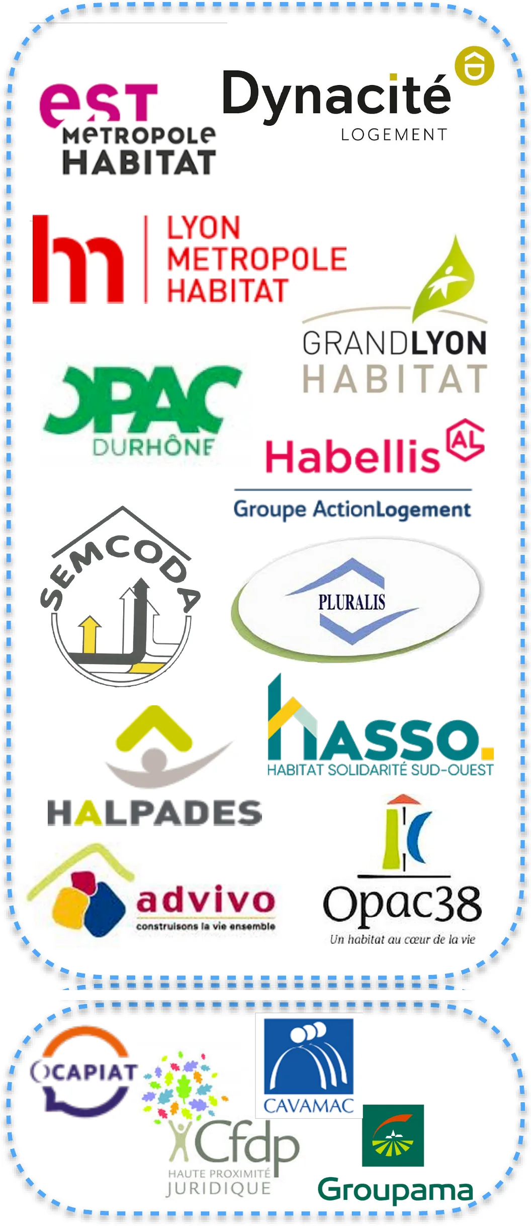 Logos de références bailleurs sociaux : Est Métropole Habitat, Dynacité, Lyon Métropole Habitat, Grand Lyon Habitat, Opac Durhône, Habellis, Semcoda, Pluralis, Hasso, Halpades, Advivo, Opac38, ainsi que Ocapiat, Cfdp, Cavamac, Groupama