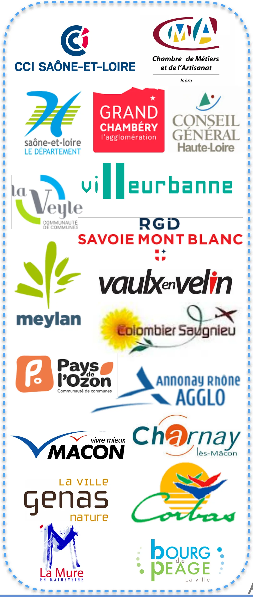 Logos de références collectivités : CCI Saône-et-Loire, Chambre de Métiers et de l'Artisanat Isère, Département Saône-et-Loire, Grand Chambéry, Conseil Général Haute-Loire, La Veyle, Villeurbanne, RGD Savoie Mont Blanc, Vaulx-en-Velin, Meylan, Colombier-Saugnieu, Pays de l'Ozon, Annonay Rhône Agglo, Ville de Mâcon, Charnay-lès-Mâcon, Genas, Corbas, La Mure, Bourg-de-Péage