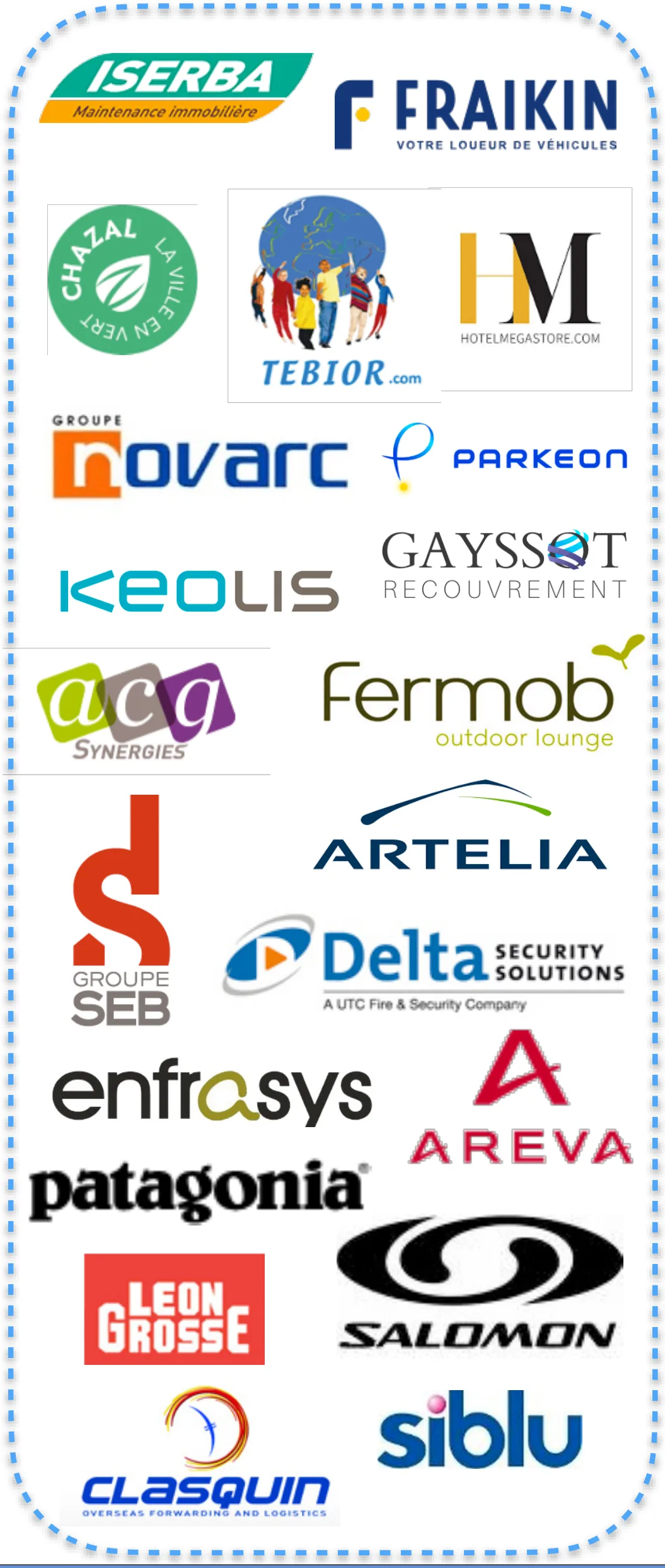Logos de références PME et ETI : Iserba, Fraikin, Chazal, Hotel Megastore, Tebior, Groupe Novarc, Parkeon, Gayssot Recouvrement, Keolis, ACG Synergies, Fermob, Groupe SEB, Artelia, Delta Security Solutions, Enfrasys, Areva, Patagonia, Léon Grosse, Salomon, Clasquin, Siblu